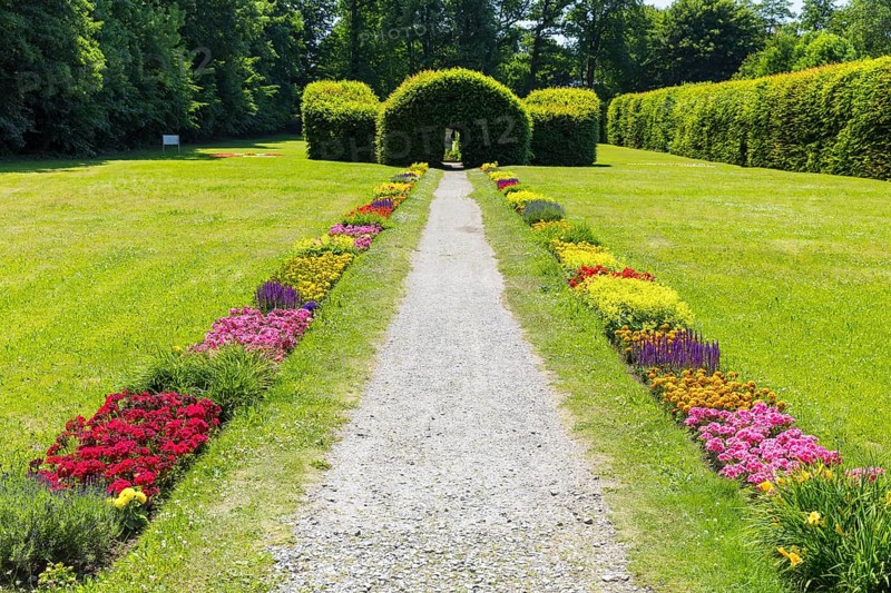 Colourful blooming flower beds in Pulsnitz Castle Park, Saxony, Germany