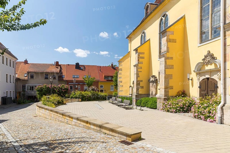 Church square with the town church of St. Nicolai in Pulsnitz, Saxony, Germany