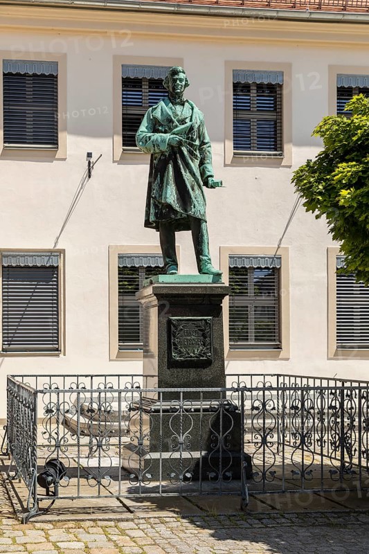 Monument to sculptor Ernst Rietschel on the market square of his birthplace Pulsnitz, Saxony, Germany