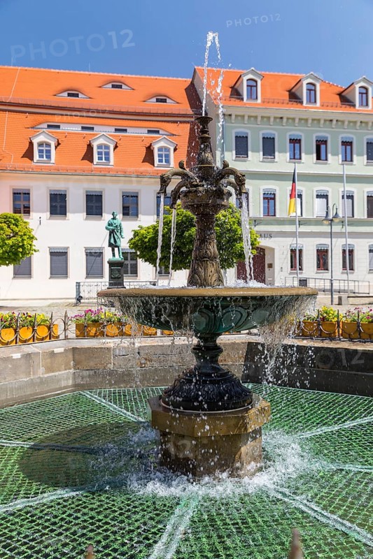 Sandstone market fountain on the medieval market square, in the background the monument to the sculptor Ernst Rietschel, Pulsnitz, Saxony, Germany