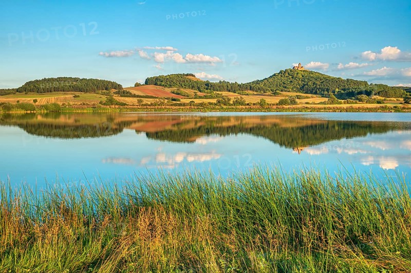 Wachsenburg Castle is reflected in the still water of a lake under a blue sky with cumulus clouds, shore with grass, castle of the castle ensemble Drei Gleichen, Thüringer Burgenland, Mühlberg, Thuringia, Germany