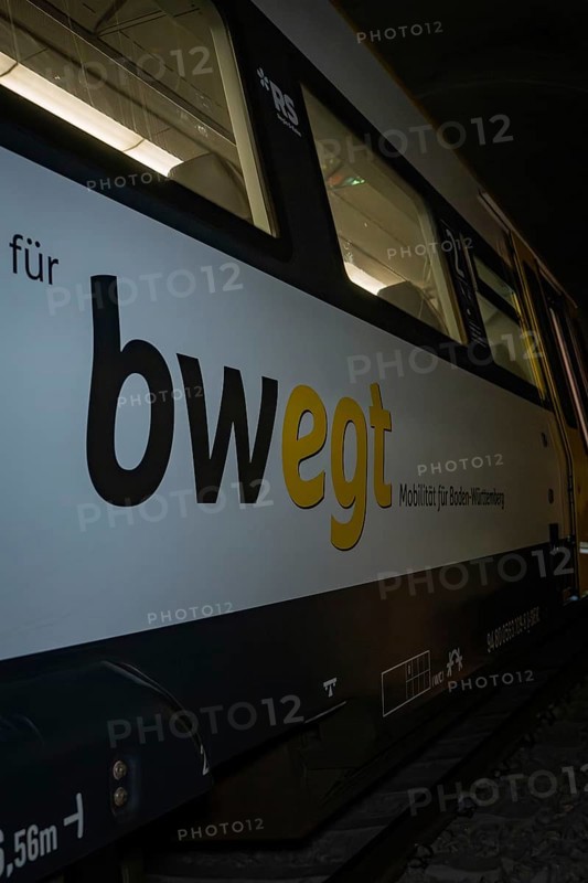 Close-up of a train with 'bwegt' inscription in a tunnel, fire department exercise on the Hermann Hesse railway, Ostelsheim, Germany