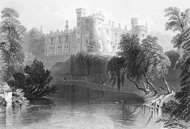 Kilkenny Castle on the River Nore, County Kilkenny, Ireland, corner towers, river landscape, riverside path, walkers, trees, water reflection, idyll, quiet atmosphere, landmark, steel engraving, 19th century, historical illustration from 1845