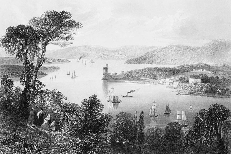 Glashaboy River with the town of Glanmire, County Cork, Ireland, idyllic landscape, river, mountains, many sailing ships, smoking steamer, tower on the shore, village, excursion, people, trees, quiet atmosphere, landmark, steel engraving, 19th century, historical illustration from 1845