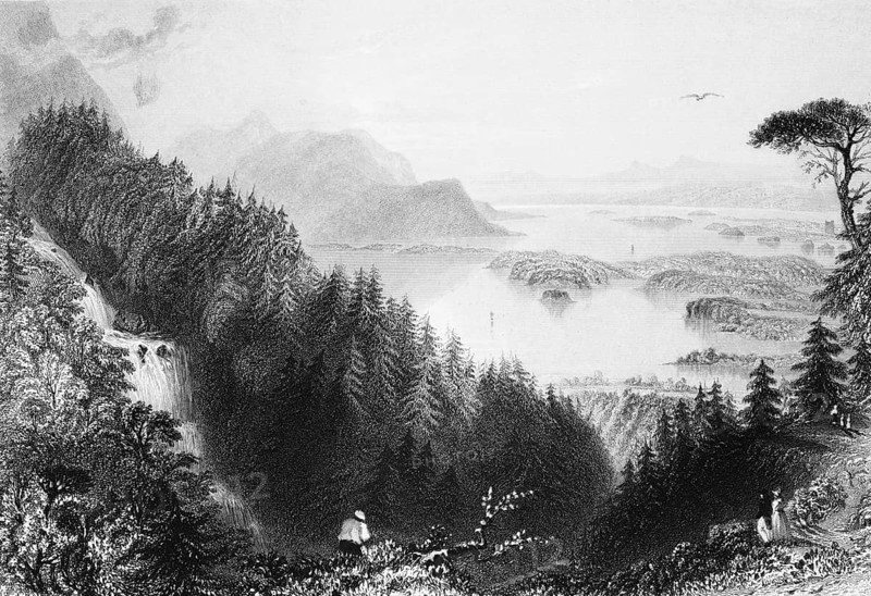 Torc waterfall with Muckross Lake, Killarney, County Kerry, Ireland, peaceful atmosphere, wild natural landscape, cataract, natural spectacle, coniferous forest, small islands, single tree, people, bird, landmark, steel engraving, 19th century, historical illustration from 1845