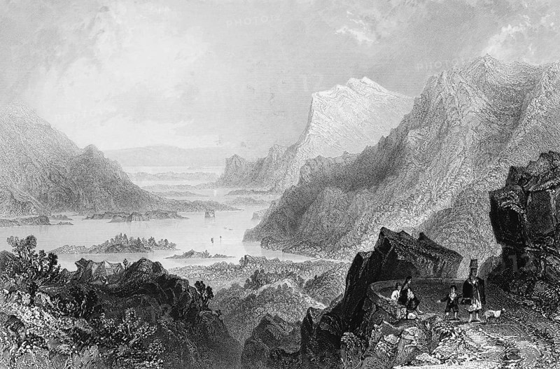 Arrival in Killarney on Lough Leane by way from Kenmare, County Kerry, Ireland, wild mountain scenery, lake, small island, quiet atmosphere, hiker, break, dog, steep rock face, natural landscape, rocks, landmark, steel engraving, 19th century, historical illustration from 1845