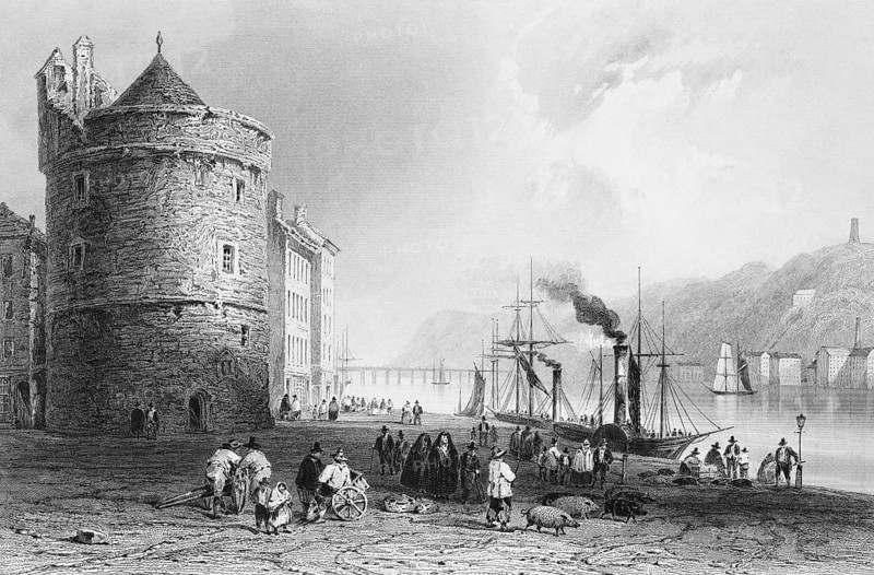 Waterford port on the Suir River, County Waterford, Ireland, founding of Norwegian Vikings in 914, oldest town in Ireland, paddle steamer, smoke, sailing ships, houses on the shore, wide round tower, bridge, many people, carts, pigs, paved road, lantern, lively atmosphere, tourist attraction, steel engraving, 19th century, historical illustration from 1845