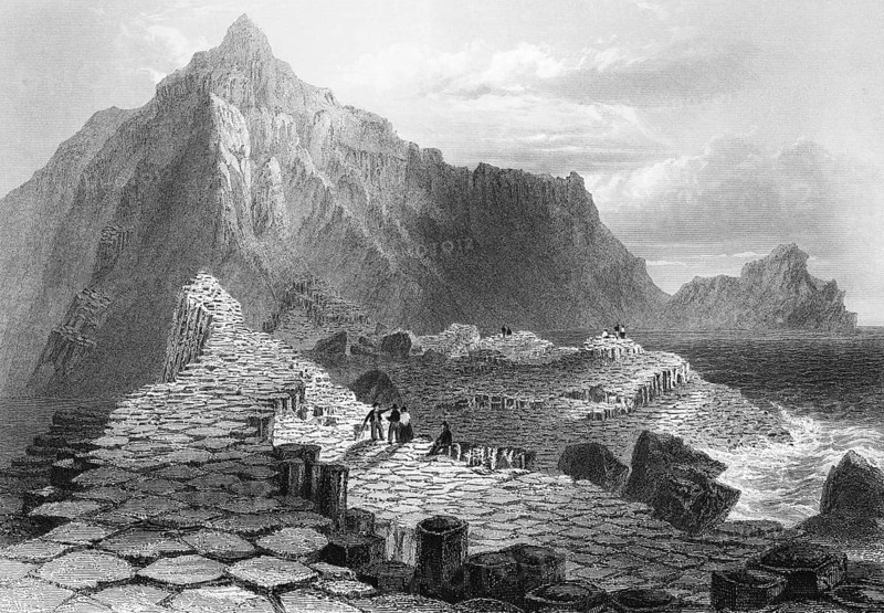 Basalt rocks at Giant's Causeway, Bushmills, Way of the Giant, County Antrim, Northern Ireland, English National Trust, cliffs, basalt columns, hexagon, cliffs, geology, geology, earth history, quiet atmosphere, legend, people, seashore, mountain peaks, landmark, steel engraving, 19th century, historical illustration from 1845