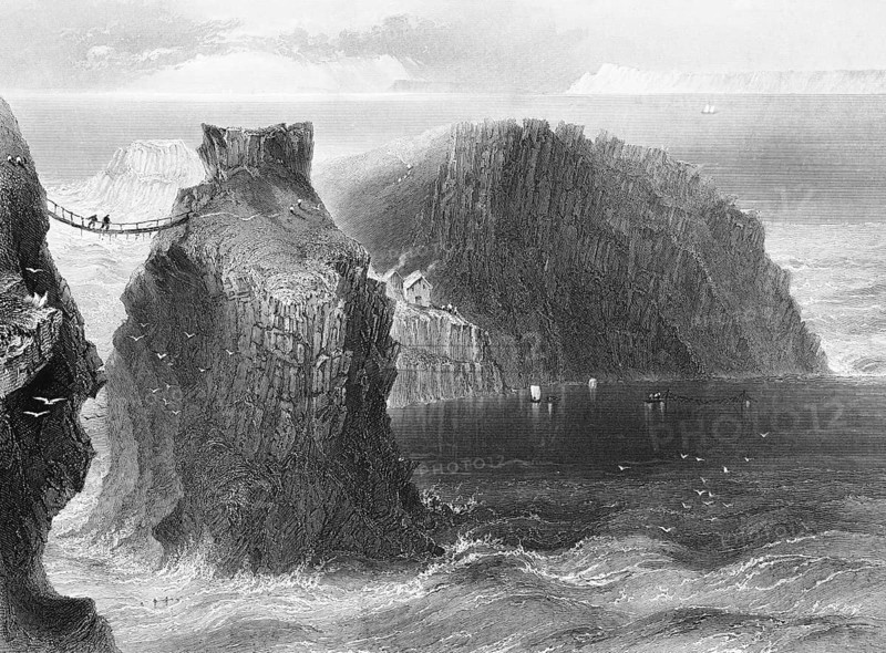 Rope Bridge at Carrick-a-Rede, Ballintoy, County Antrim, Northern Ireland, North Atlantic, National Trust, wild coastal landscape, steep cliffs, rock island, suspension bridge, people crossing, danger, high swell, foam crowns, small house, seashore, geological history, landmark, steel engraving, 19th century, historical illustration from 1845
