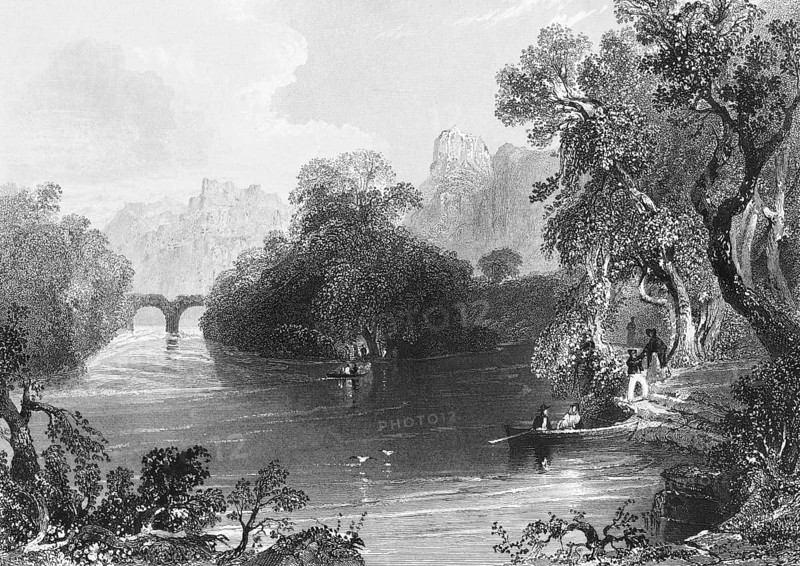 Old bridge, Old Weir Bridge, Killarney National Park, County Kerry, Ireland, idyllic riverscape, rowboat, wild nature, old trees, man, woman, peace, serenity, mountains in the background, peaceful atmosphere, birds, landmark, steel engraving, 19th century, historical illustration from 1845