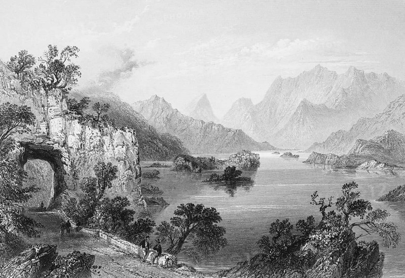 Lough Leane, Lake Leane, Killarney National Park, Killarney, County Kerry, Ireland, wild mountain landscape, lake, small rocky islands, country road, tunnel, walkers, idyll, sizen, solitude, quiet atmosphere, landmark, steel engraving, 19th century, historical illustration from 1845