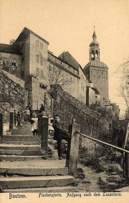 Historical postcard around 1900, Bautzen, Fischerpforte, staircase after the Lauenturm, Saxony, Germany, digital reproduction of a historical postcard, public domain, from that time, exact date unknown