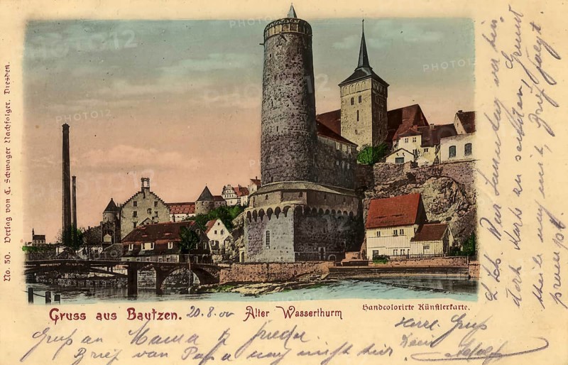 Historical postcard around 1900, Bautzen, old water tower, Saxony, Germany, digital reproduction of a historical postcard, public domain, from that time, exact date unknown