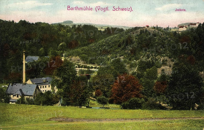 Historical postcard around 1900, Barthmühle in Vogtland Switzerland, a settlement belonging to the municipality of Pöhl in the Vogtlandkreis district on the White Elster, Saxony, Germany, digital reproduction of a historical postcard, public domain, from that time, exact date unknown