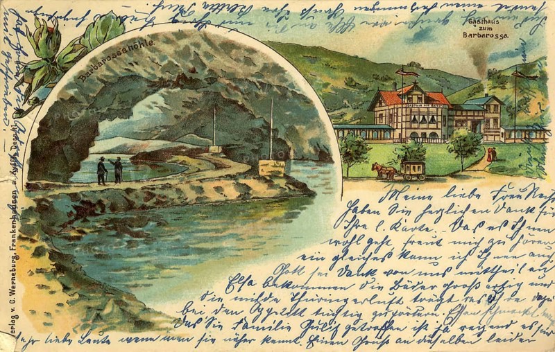 Historical postcard around 1900, Barbarossa cave, in Kyffhäuser near Rottleben, Thuringia, Germany, digital reproduction of a historical postcard, public domain, from that time, exact date unknown