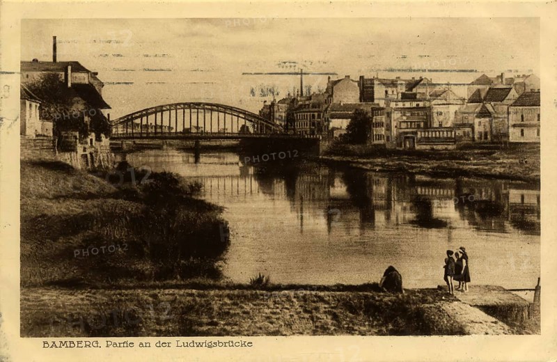 Historical postcard around 1900, Bamberg, Ludwigsbrücke, Upper Franconia, Bavaria, Germany, digital reproduction of a historical postcard, public domain, from that time, exact date unknown