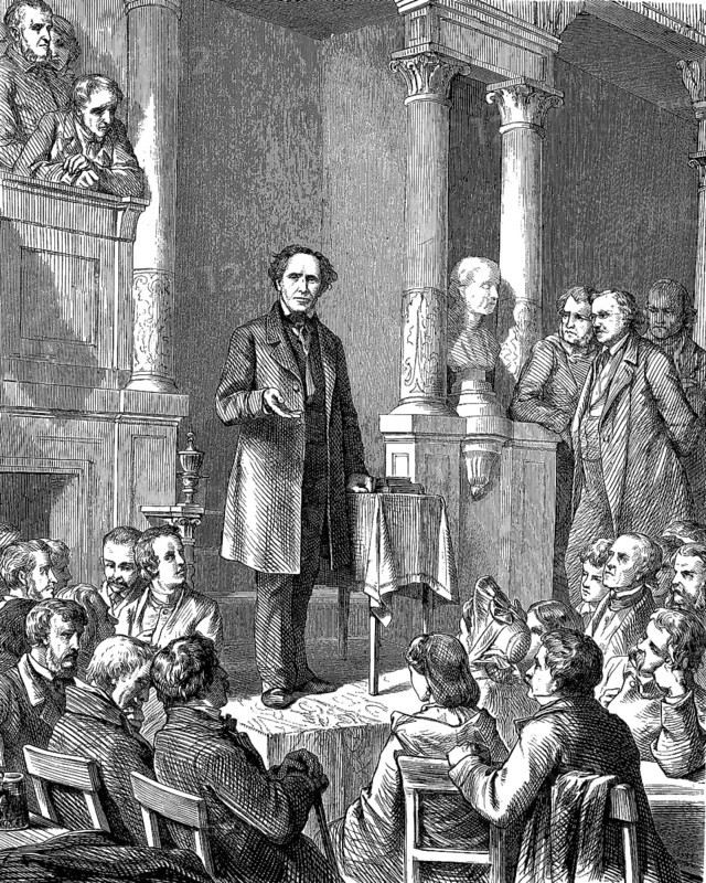 Ludwig Würkert in front of his community. Friedrich Ludwig Würkert, 1800 - 1876, was a Protestant pastor, writer and revolutionary, woodcut from 1864