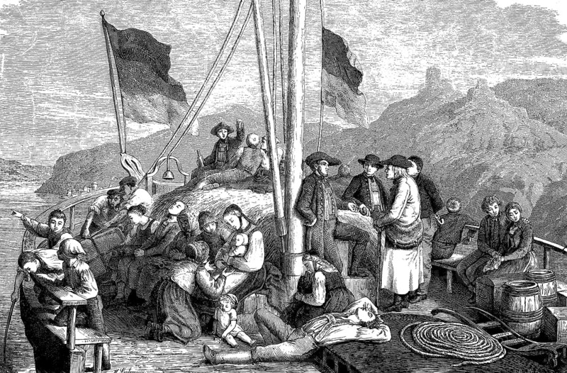 Emigrants on a ship on the Rhine, Germany, woodcut from 1864