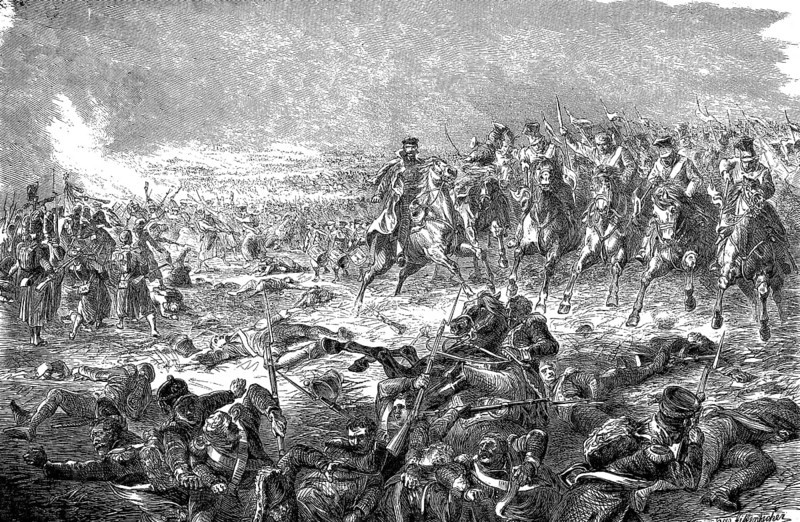 Zieten defeated the French in the victory of the Belle Alliance, La Haye Sainte, between Charleroi and Brussels, woodcut from 1864