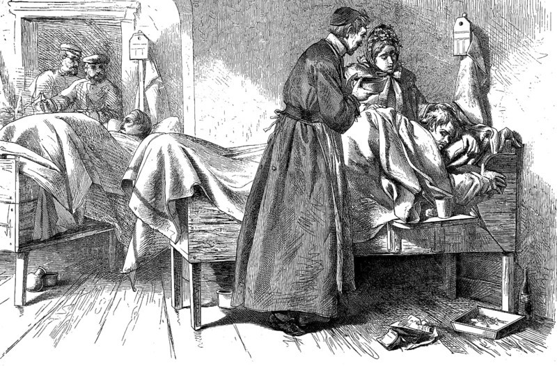 In the Prussian main hospital in Flensburg, Germany, woodcut from 1864