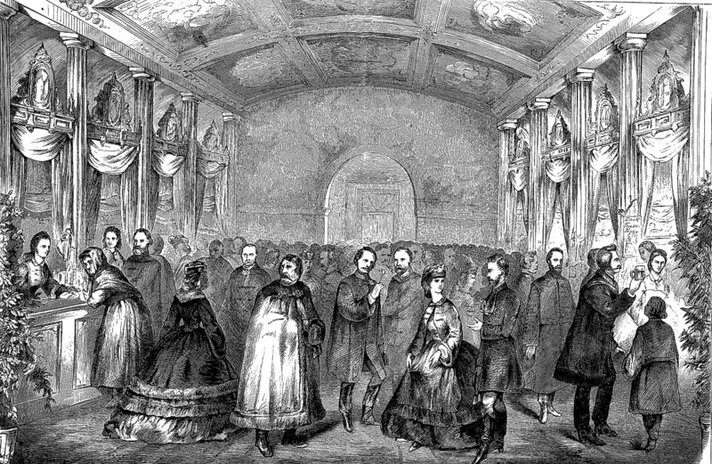 Charity bazaar of Hungarian housewives in Pesth, Hungary, woodcut from 1864