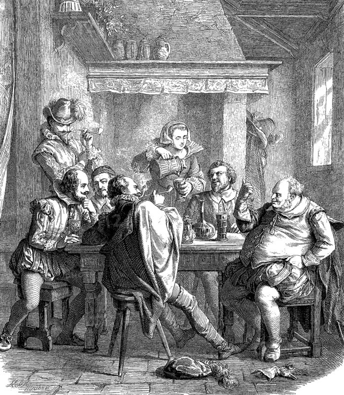 William Shakespeare with friends in the Mermaid tavern, woodcut from 1864