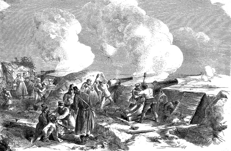 Prussian twenty-four-pound battery No. 2 on Gammelmark, Silesia, woodcut from 1864