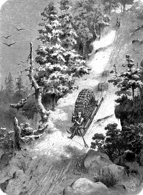 Wood transport by sled in the Bohemian Forest, Czech Republic, woodcut from 1864