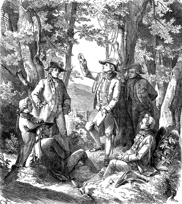 Johann Christoph Friedrich von Schiller, 1759-1805, reads the novel The Robbers to his students, woodcut from 1864