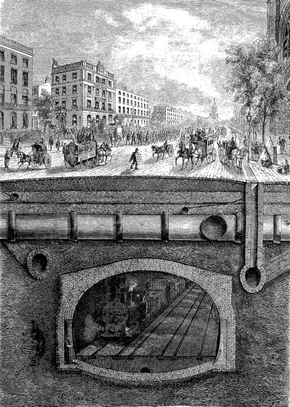 On and below ground in London, woodcut from 1864