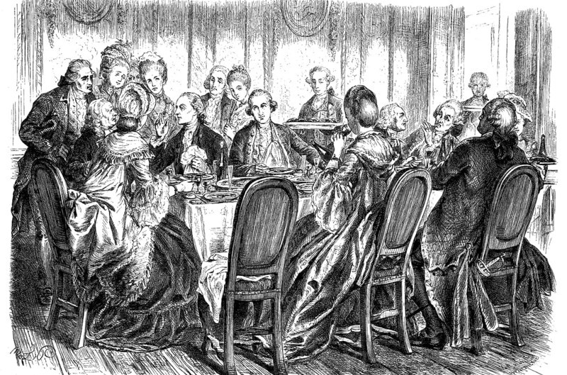 Johann Caspar Lavater, 1741-1801, Johann Wolfgang von Goethe, 1749-1832, and Johann Bernhard Basedow, 1724-1790, having lunch in Koblenz, woodcut from 1864