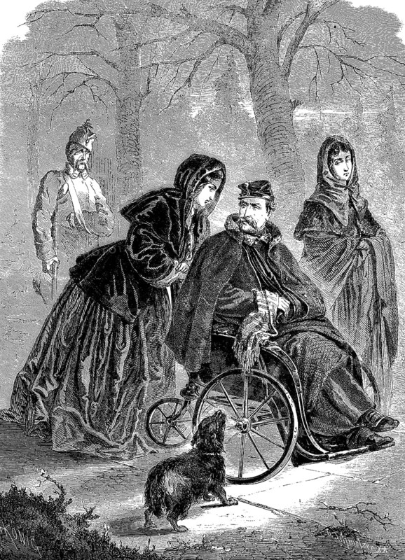 Old soldier in the military home in Deversee, woodcut from 1864