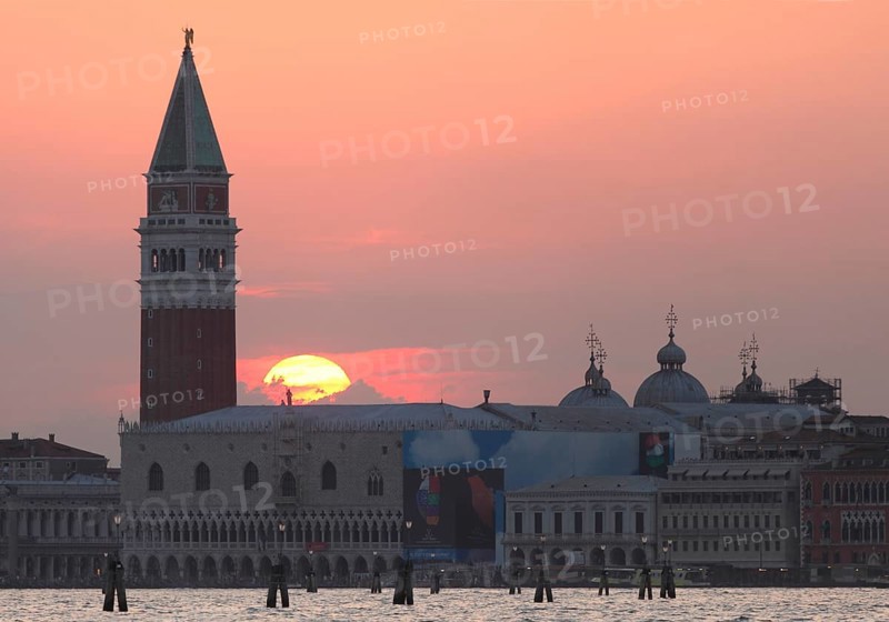 Sunset behind the Doge's Palace with Campanille, Venice, Veneto, Italy