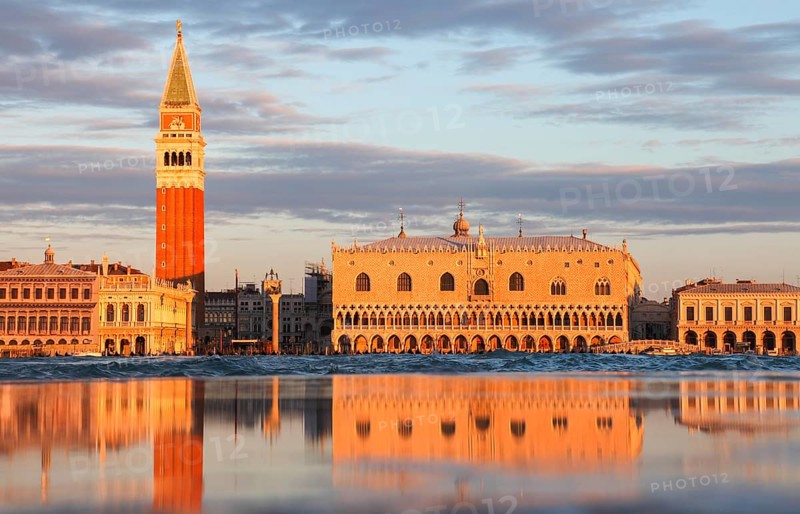 Doge's Palace and Campanile and reflection at high tide, Venice, Veneto, Italy
