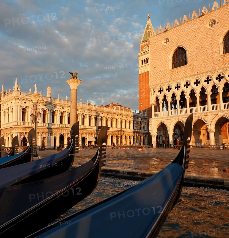 View from the water of the Doge's Palace and Piazzetta in the morning, Venice, Veneto, Italy