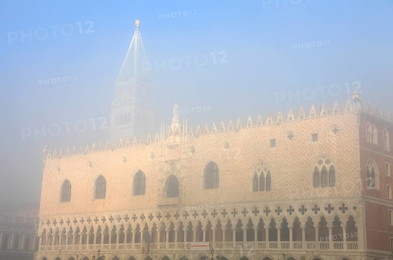 Campanile di San Marco and Doge's Palace in fog, Venice, Veneto, Italy