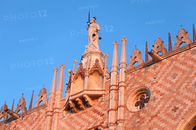 Doge's Palace, symbolic representation of jurisprudence, Justitia-Venetia with sword and scale, San Marco, Venice, Veneto, Italy