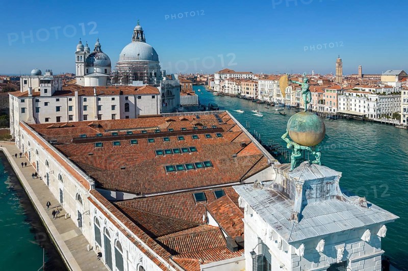 Aerial view of Dogana da Mar with Santa Maria della Salute Church and Grand Canal, Venice, Veneto, Italy