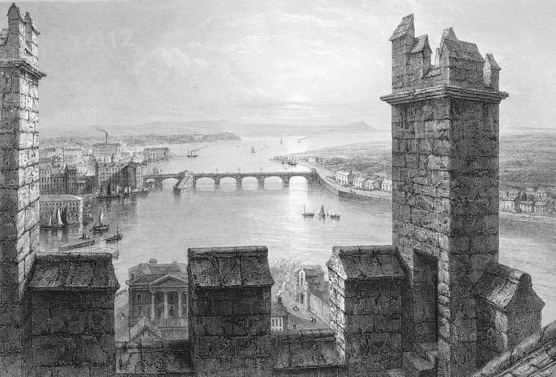 View from Saint Mary's Cathedral of Limerick with the River Shannon, County Limerick, Ireland, cityscape, stone building, bridge, sailing ships, landmark, steel engraving, 19th century, historical illustration from 1845