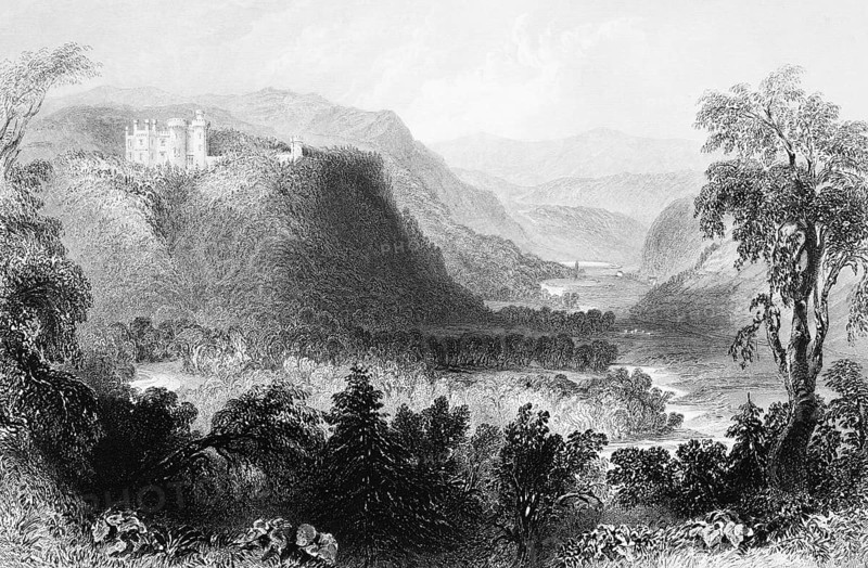 Castle Howard, Howard Castle on the mountain, Avonmore River valley, County Wicklow, Ireland, idyllic landscape, meandering river, mountains, forest, valley, natural landscape, landmark, steel engraving, 19th century, historical illustration from 1845