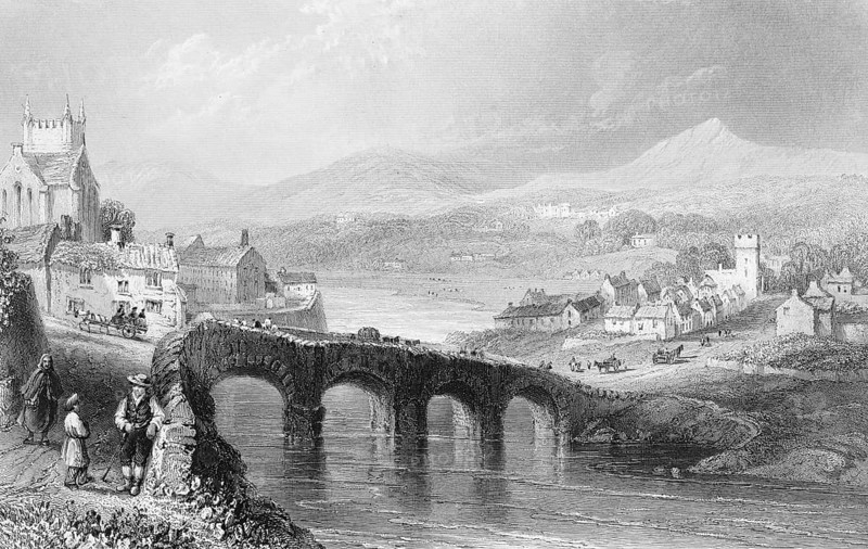 Bray parish, County Wicklow, stone bridge over the river Bray, Ireland, people, horse-drawn cart, transport, houses, church, paths, stone wall, mountains, peace, idyll, landscape, landmark, steel engraving, 19th century, historical illustration from 1845