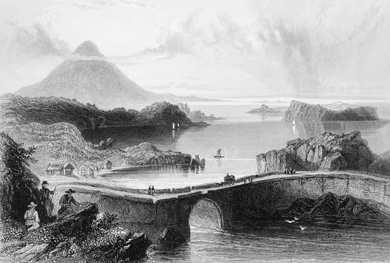 Lake Lough Conn, Loch Conn, County Mayo, Ireland, coastal landscape, stone bridge, rock islands, seascape, seagulls, people, walkers, hiking stick, building, mountain peak over the clouds, idyll, landmark, steel engraving, 19th century, historical illustration from 1845