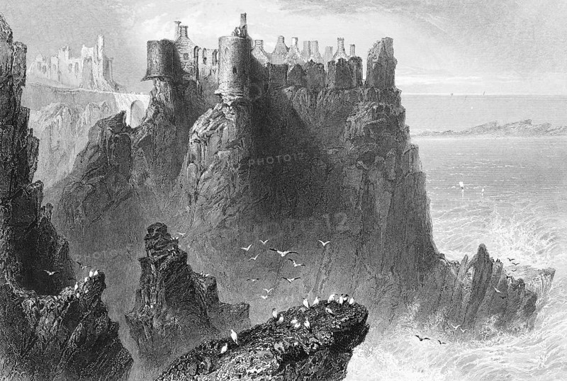 Ruins of Dunluce Castle on a rocky cliff, Dunluce Castle, Northern Ireland, Atlantic Ocean, steep cliff coast, rocks, decay, seagulls fly, danger, sheltered location, swell, landmark, steel engraving, 19th century, historical illustration from 1845