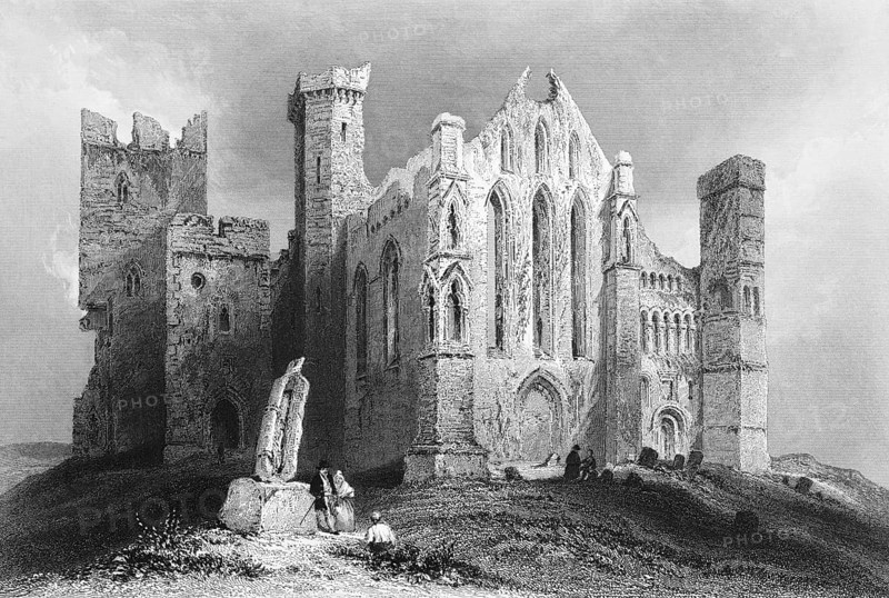 Medieval ruins of Cashel at the entrance to town, former Gothic cathedral, County Tipperary, Ireland, decay, people, hills, decay, landmark, steel engraving, 19th century, historical illustration from 1845