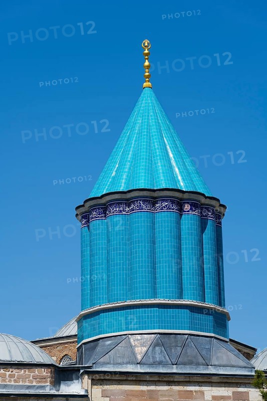 Detail of a turquoise dome in Islamic architecture under a blue sky, Mevlana Museum, Mevlana, landmark, mausoleum of Mevlânâ Jalal ad-Din Rumi, Konya, Central Anatolia, Turkey