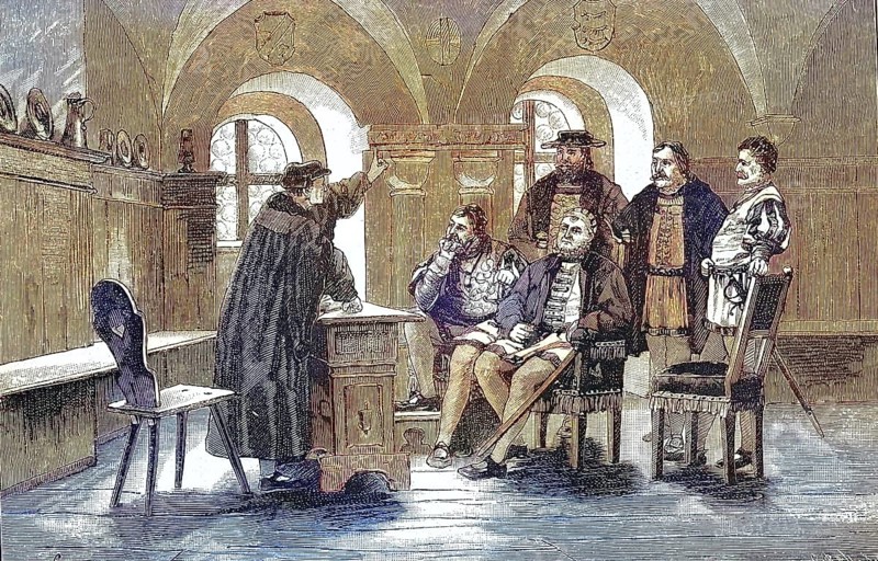 German Peasants' War, 1524-1526, Münster preaches to the prince. The so-called Prince's Sermon was delivered on July 13, 1524 by the theologian Thomas Müntzer at Allstedt Castle/German Peasants' War, Müntzer Preaches to the Princes. The so-called sermon to the princes was delivered by the theologian Thomas Müntzer at Allstedt Castle on July 13, 1524, historical, digitally restored reproduction of an original model from the 19th century, exact original date not known, subsequently colored