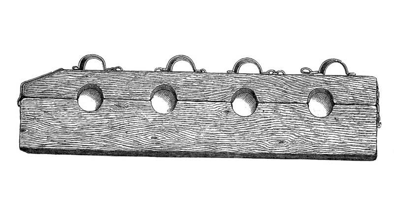 Instrument of torture: The stick - The prisoner had to put his legs through the holes, his arms were pushed through two of the iron hoops. As a result, he was placed in a curved, pain-relieving position, woodcut from 1864