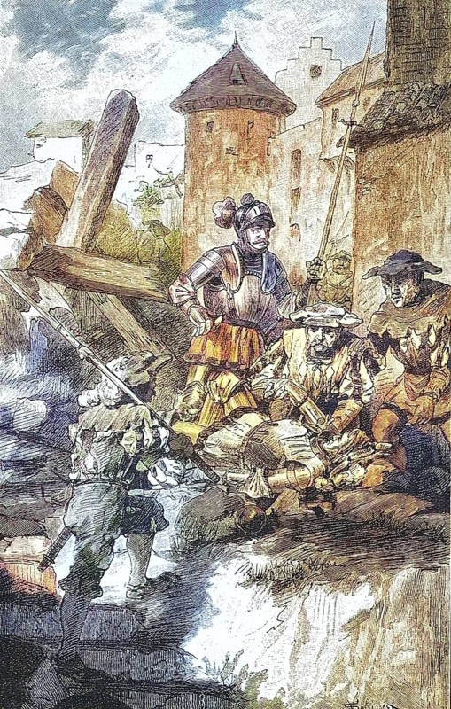 German Peasants' War, 1524-1526, Imperial Knight Franz von Sickingen dies at his Nanstein Castle/German Peasants' War, Imperial Knight Franz von Sickingen dies at his Castle Nanstein, historical, digitally restored reproduction of an original model from the 19th century, exact original date not known, subsequently colored