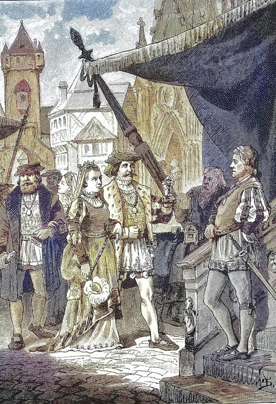 German Peasants' War, 1524-1526, bourgeois and knightly costumes at this time/German Peasants' War, bourgeois and knightly costumes at this time, historical, digitally restored reproduction of an original model from the 19th century, exact original date unknown, subsequently colored