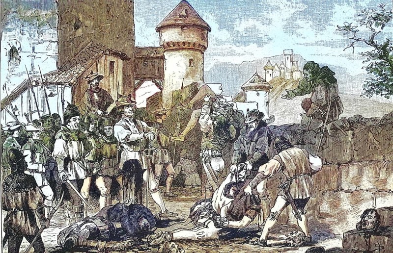 German Peasants' War, 1524-1526, After the Storming of Maichau Castle/German Peasants' War, After the Storming of Maichau Castle, historical, digitally restored reproduction of an original model from the 19th century, exact original date not known, subsequently colored